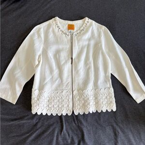 Ruby Rd. White Eyelet Crochet Bridal Boho Coastal Grandma Old Money Linen Jacket